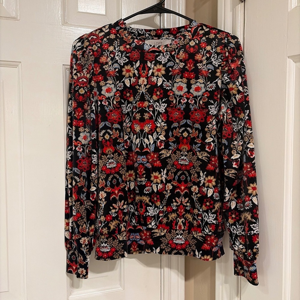 LOFT Womens Floral Velvet Long Sleeve Top Black Red XS Puff Shoulder Blouse
